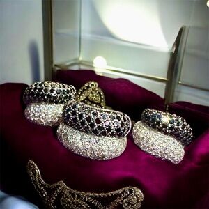 Rare Vintage Italian 925 Silver Ring Earrings Set White Zircon Black Spinel Set